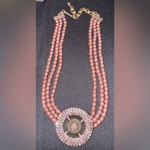 HEIDI DAUS Three Strand Faux Pearl Gold Tone Crystal Sparkle Statement Necklace